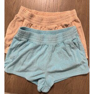 Aerie Offline 2 Shorts Summer Lights Happy Face Terry Women Small Blue Tan